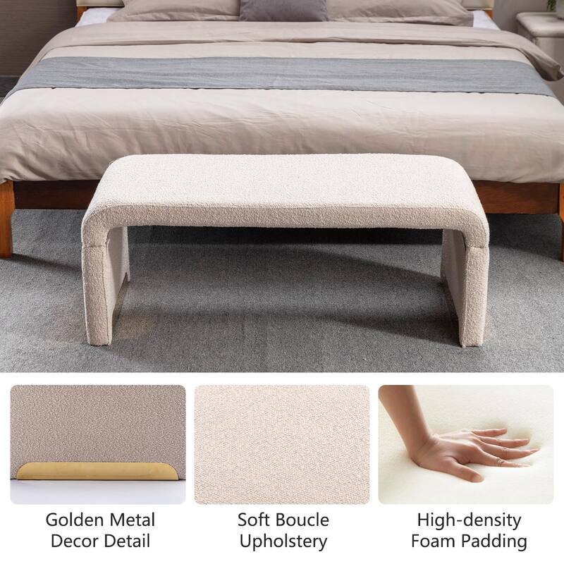 Bench for Bedroom End of Bed, 43.3" Boucle Sherpa Upholstered Ottoman